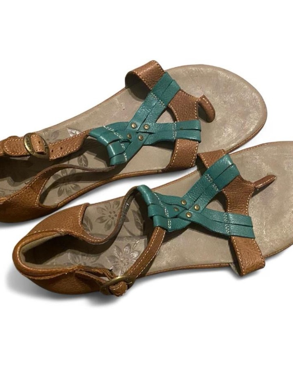 Keen Brown and Teal Leather T-Strap Sandals